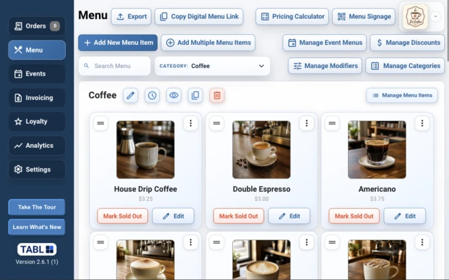 TABL coffee shop POS menu management screen thumbnail