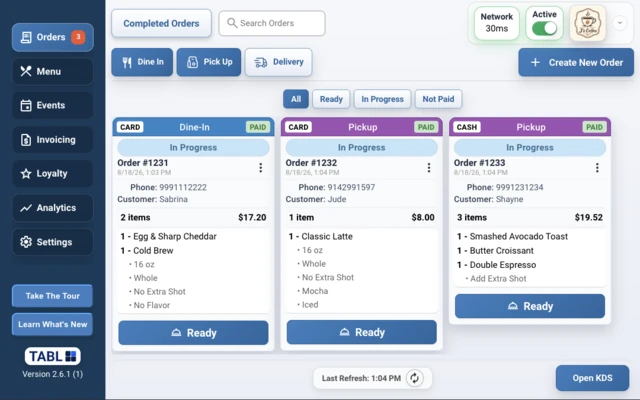 TABL coffee shop POS order queue screen thumbnail