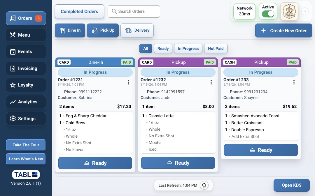 TABL Portal order queue screen for coffee shop service