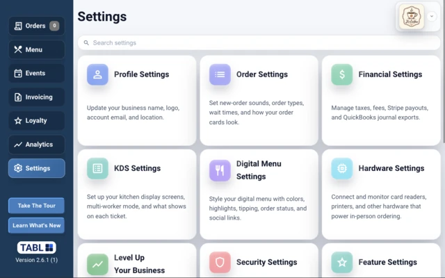 TABL coffee shop POS settings screen thumbnail